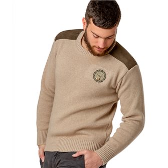 Pull col rond chasse homme jersey 30% laine beige L Bartavel P60 patch cerf